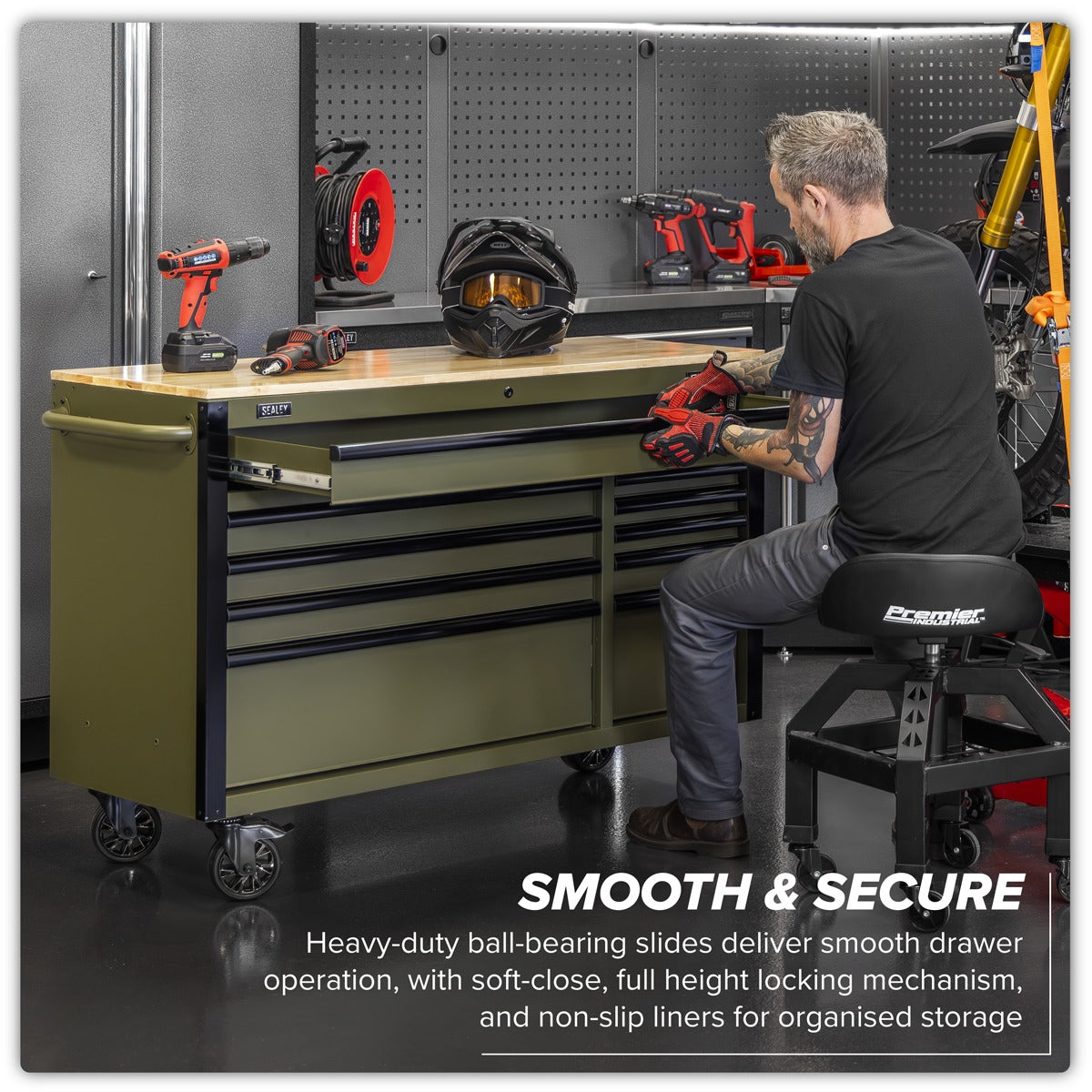 Superline PRO Mobile Trolley with Wooden Worktop & Power Bar 10 Drawer 1320mm AP5210KBE