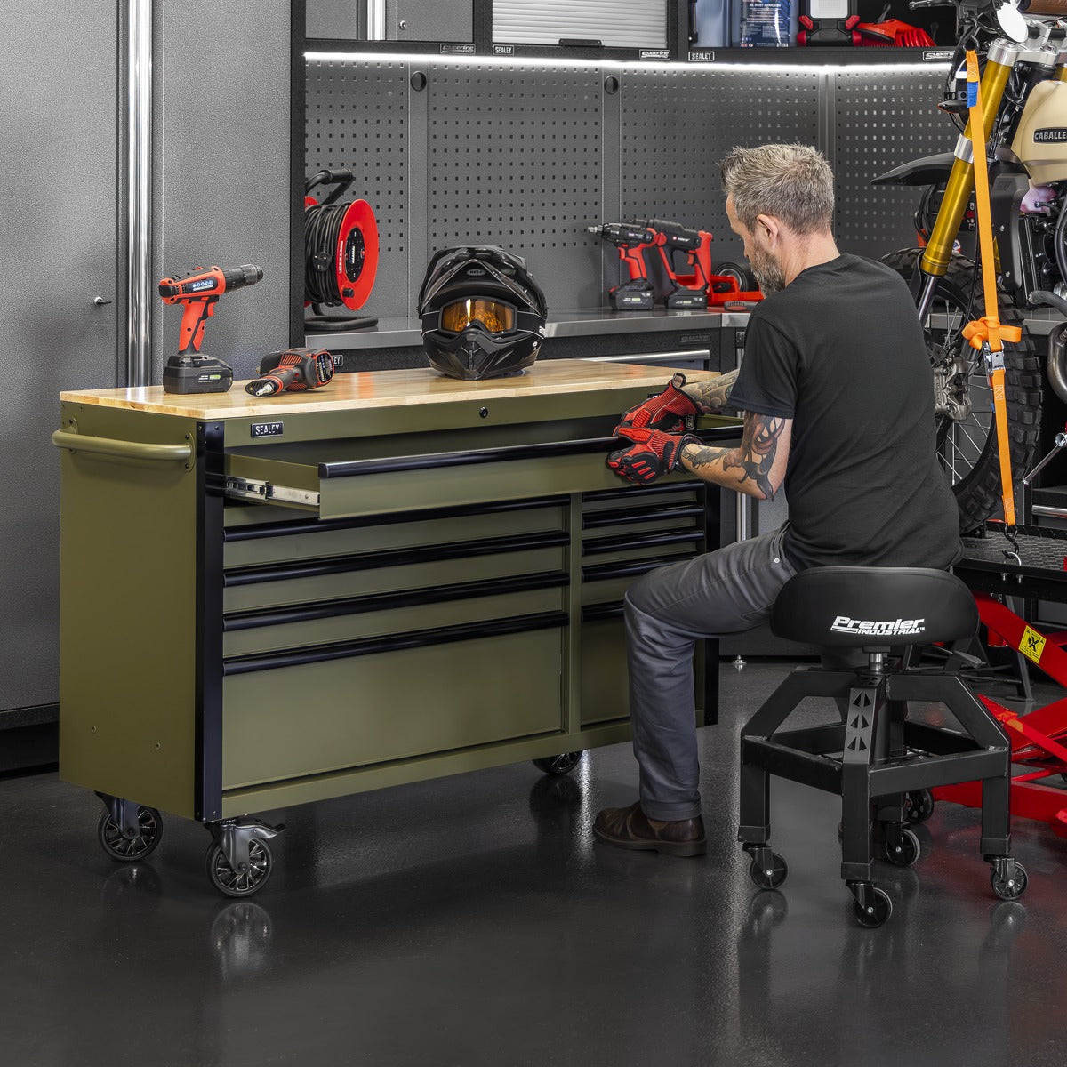 Superline PRO Mobile Trolley with Wooden Worktop & Power Bar 10 Drawer 1320mm AP5210KBE