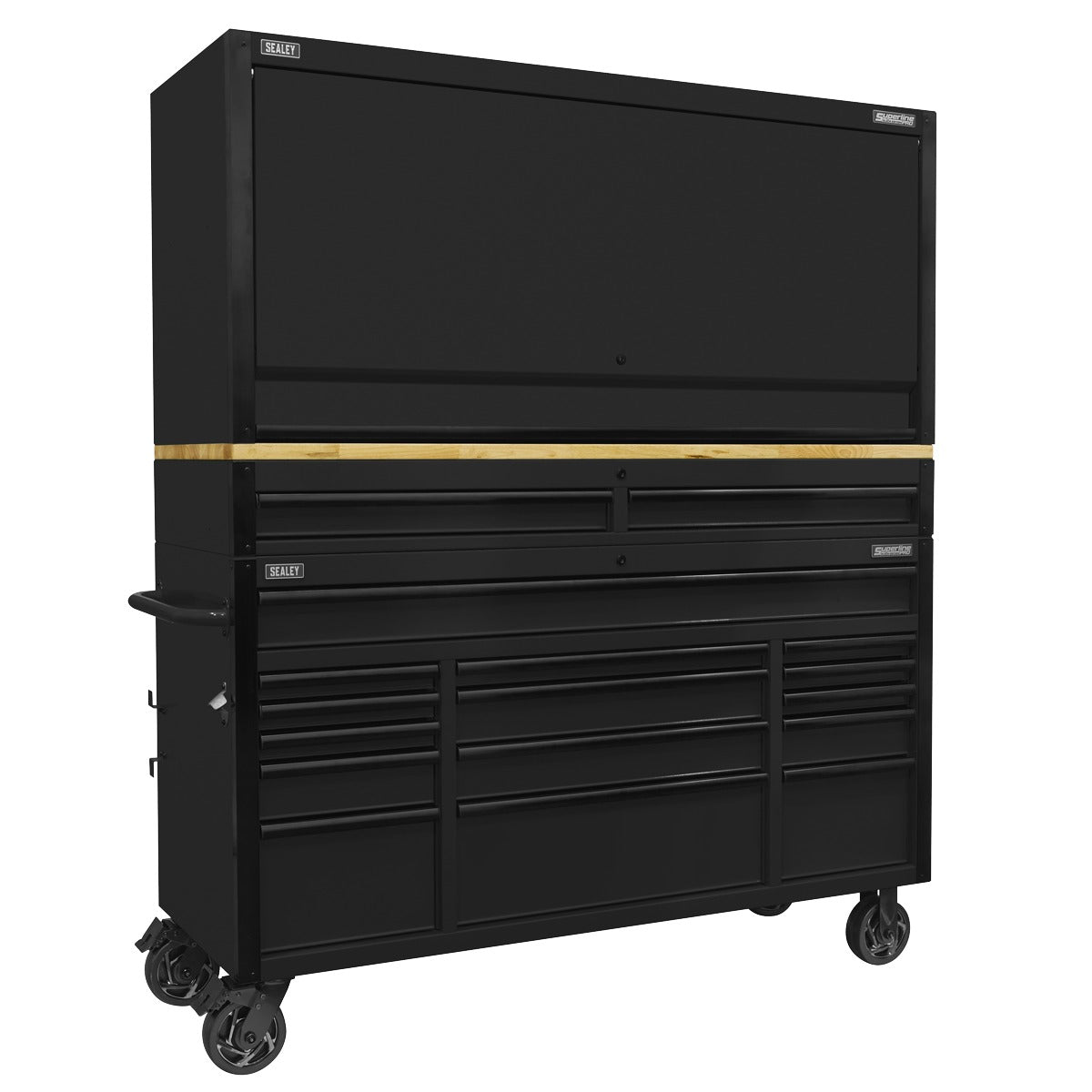 Superline PRO Black Edition Mobile Trolley with Wooden Worktop 15 Drawer, Hutch & 2 Drawer Riser 1549mm AP6215BECOMBO1