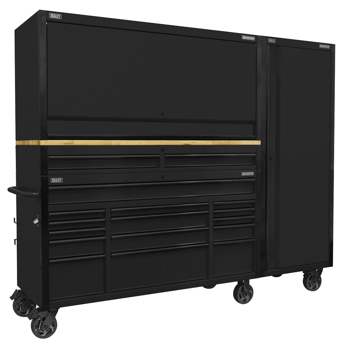 Superline PRO Black Edition Mobile Trolley with Wooden Worktop 15 Drawer, Hutch, 2 Drawer Riser & Side Locker 1549mm AP6215BECOMBO2