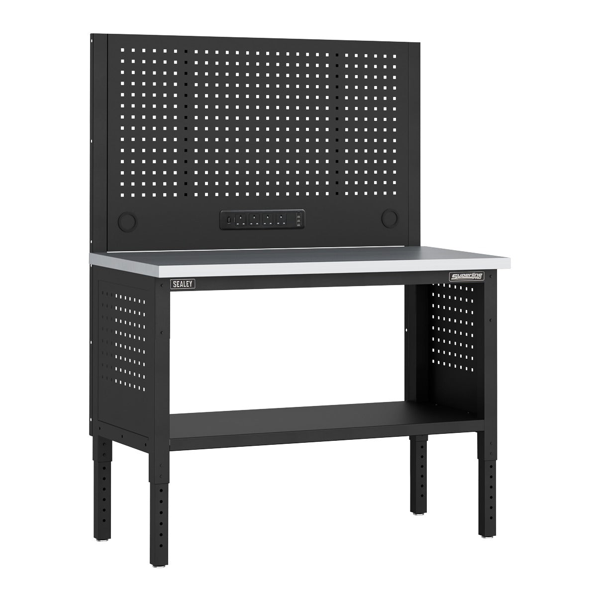 Superline PRO Modular Workbench with Pegboard Back Panel Stainless Steel Worktop 1265mm APMWB50COMBOSS