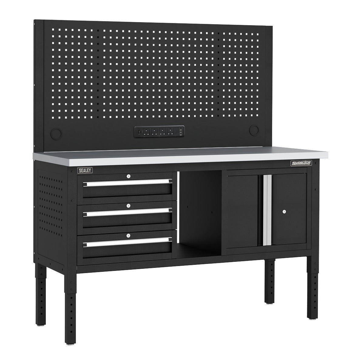 Superline PRO Modular Workbench with 3 Drawers & Cupboard Stainless Steel Worktop 1525mm APMWB60COMBO2SS