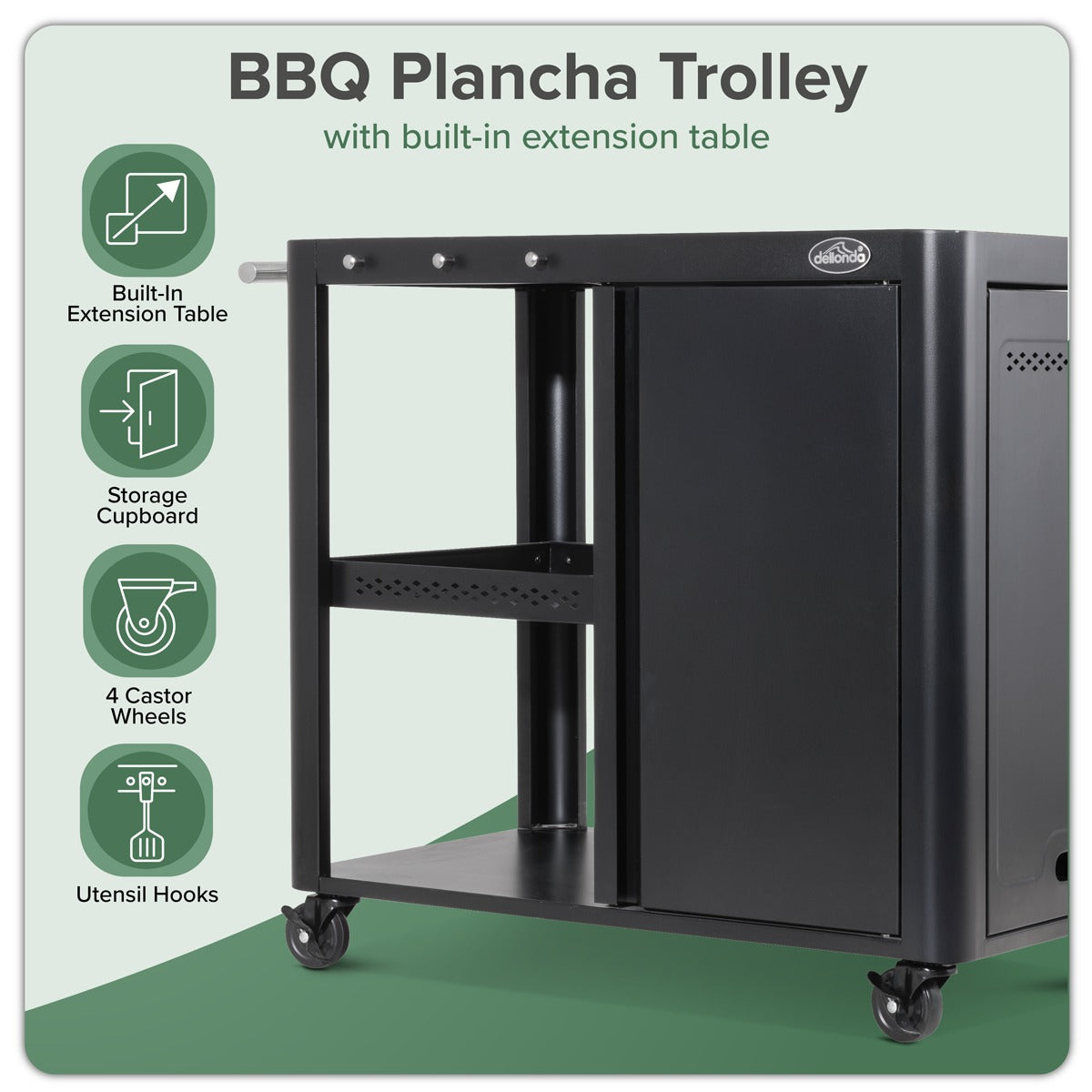 Dellonda BBQ/Plancha Workstation Trolley with Cupboard, Extension Table & Utensil Hooks, Black DG282