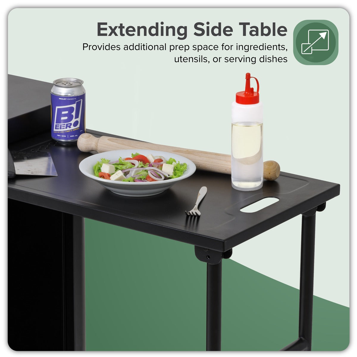 Dellonda BBQ/Plancha Workstation Trolley with Cupboard, Extension Table & Utensil Hooks, Black DG282