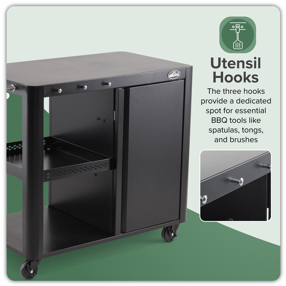 Dellonda BBQ/Plancha Workstation Trolley with Cupboard, Extension Table & Utensil Hooks, Black DG282