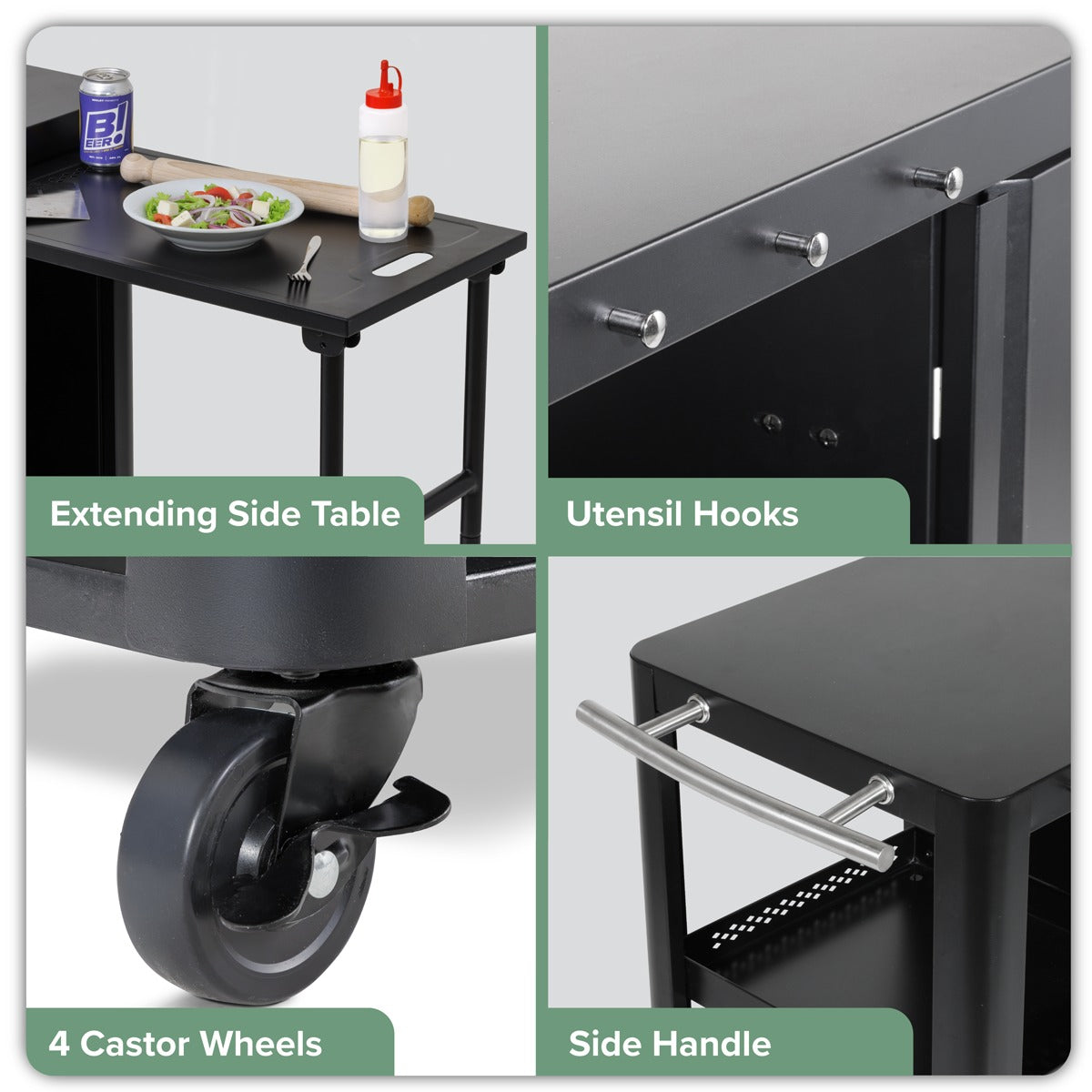 Dellonda BBQ/Plancha Workstation Trolley with Cupboard, Extension Table & Utensil Hooks, Black DG282