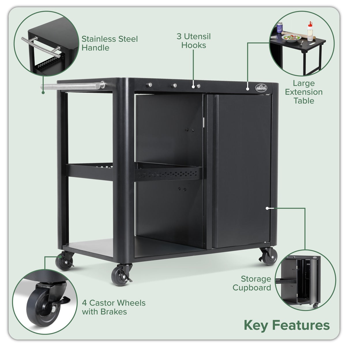 Dellonda BBQ/Plancha Workstation Trolley with Cupboard, Extension Table & Utensil Hooks, Black DG282