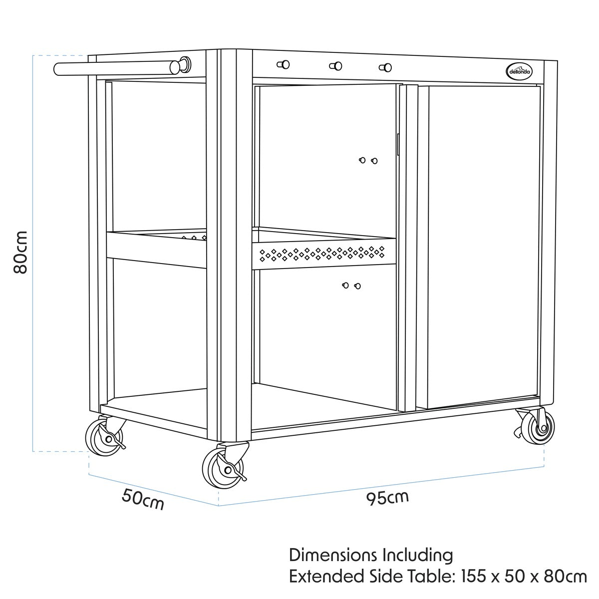 Dellonda BBQ/Plancha Workstation Trolley with Cupboard, Extension Table & Utensil Hooks, Black DG282