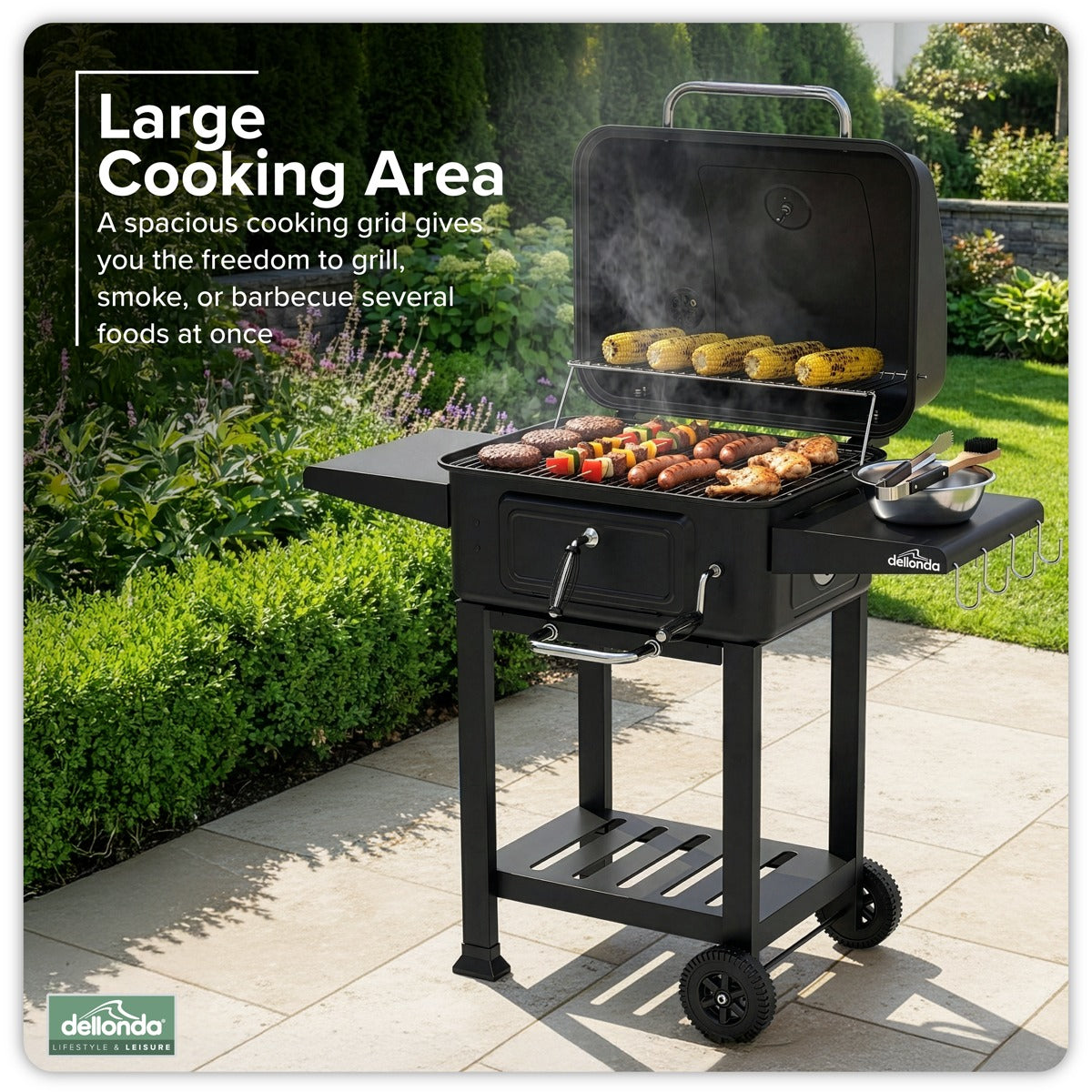 Dellonda Charcoal Grill BBQ Smoker & Trolley with 2 Side Shelves - Black DG283
