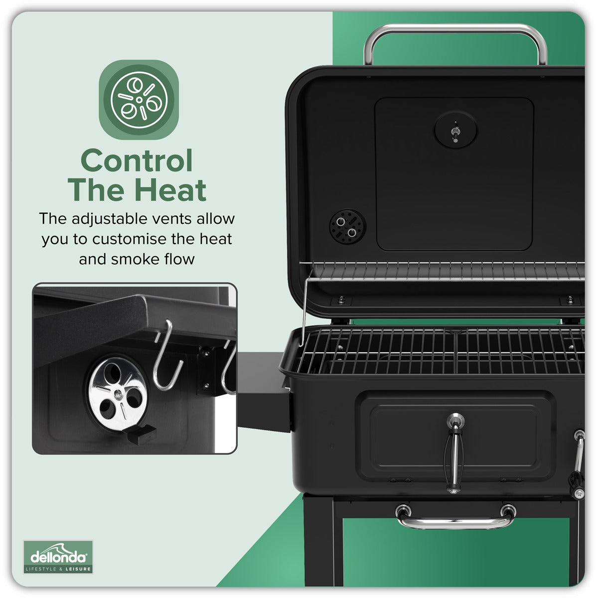 Dellonda Charcoal Grill BBQ Smoker & Trolley with 2 Side Shelves - Black DG283