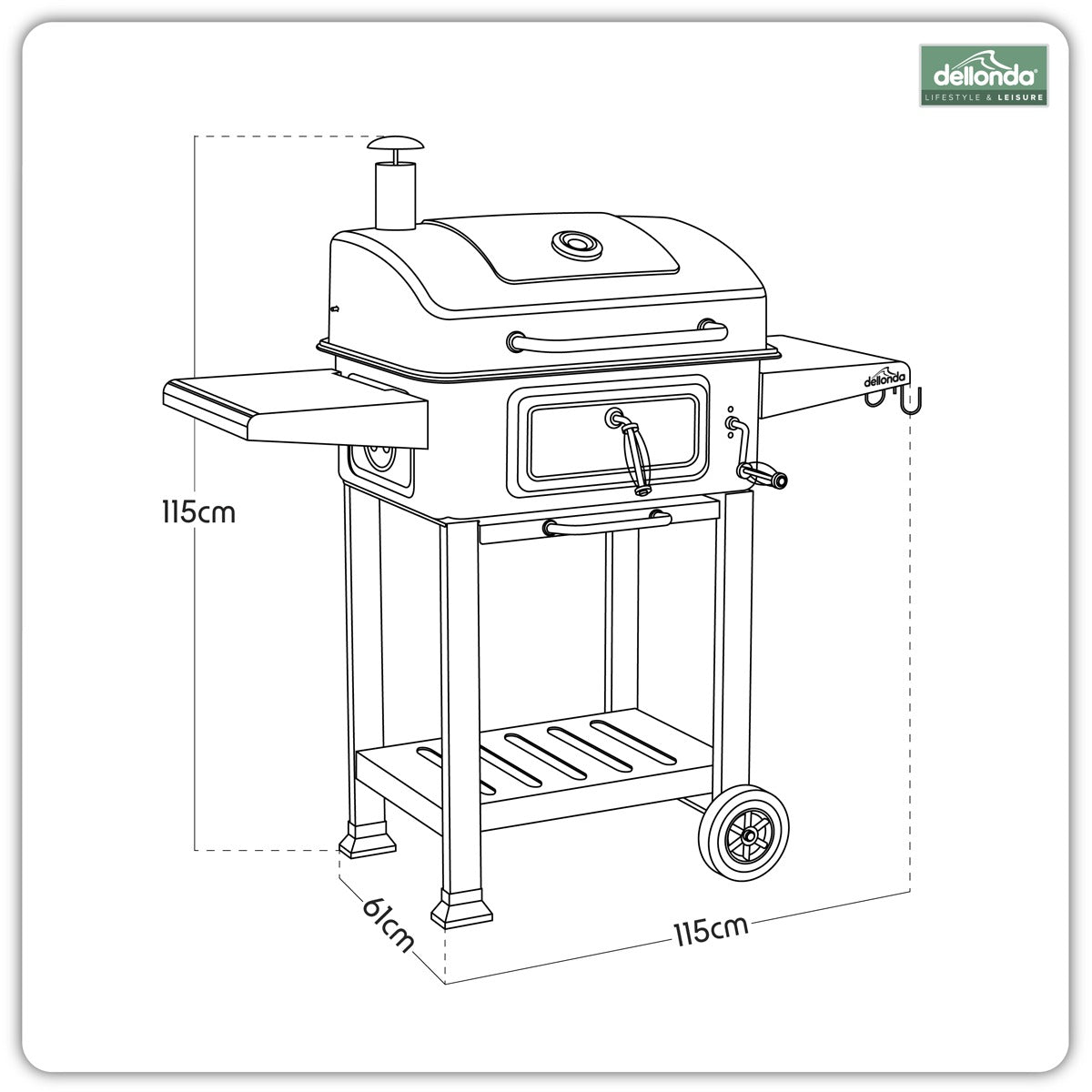 Dellonda Charcoal Grill BBQ Smoker & Trolley with 2 Side Shelves - Black DG283