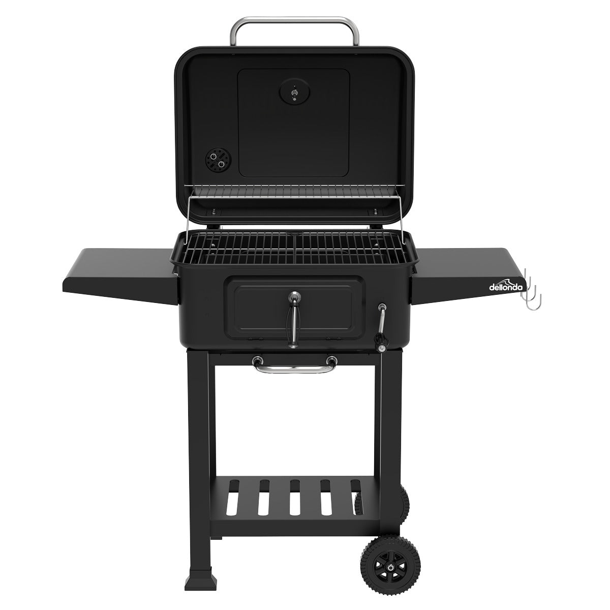 Dellonda Charcoal Grill BBQ Smoker & Trolley with 2 Side Shelves - Black DG283