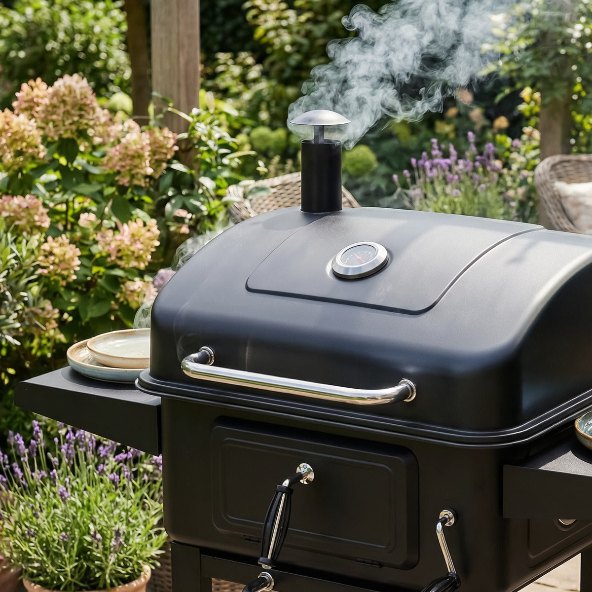 Dellonda Charcoal Grill BBQ Smoker & Trolley with 2 Side Shelves - Black DG283