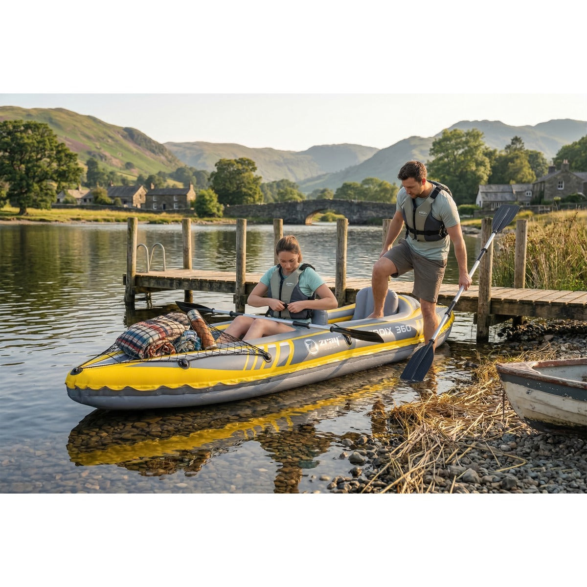 Dellonda Inflatable 2-Person Kayak/Canoe Set with Pump, Carry Bag & 2 Oars - Blue/Yellow/White DL155