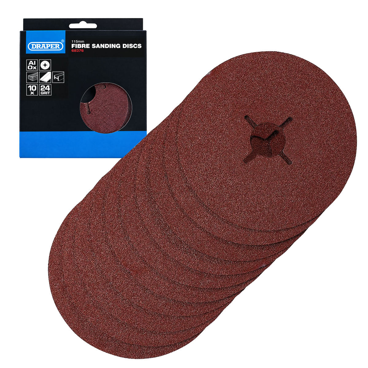 Draper Fibre Sanding Discs, 115mm, 24 Grit, (Pack of 10) 68376