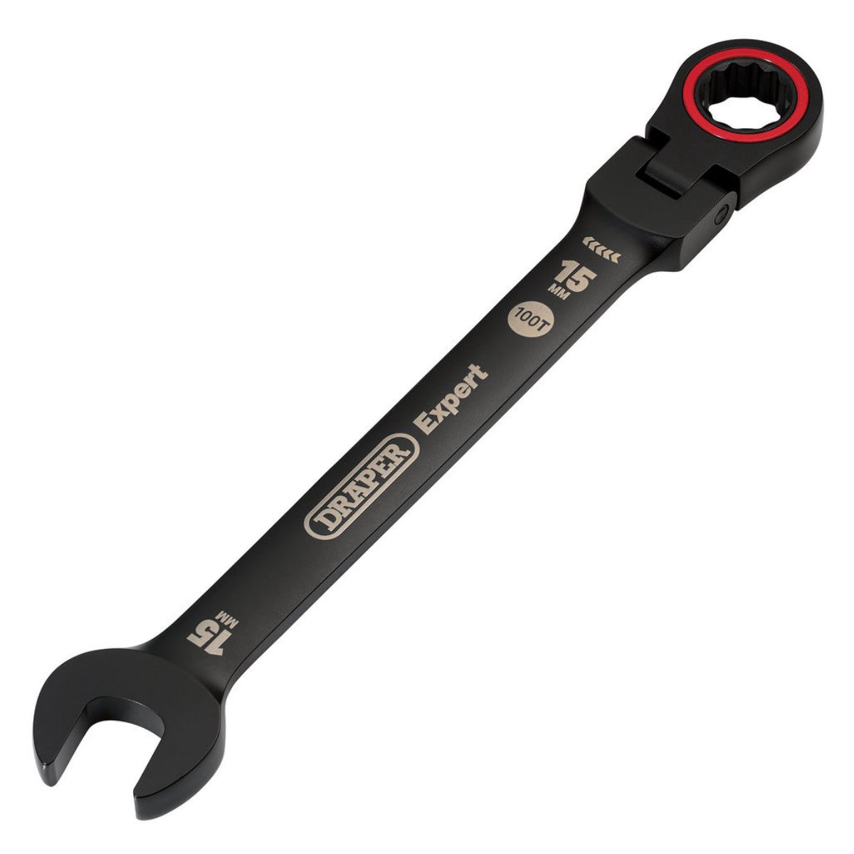 Draper Expert HI-TORQ Metric Flexible Head Ratchet Combination Spanner, 15mm, Black 03922