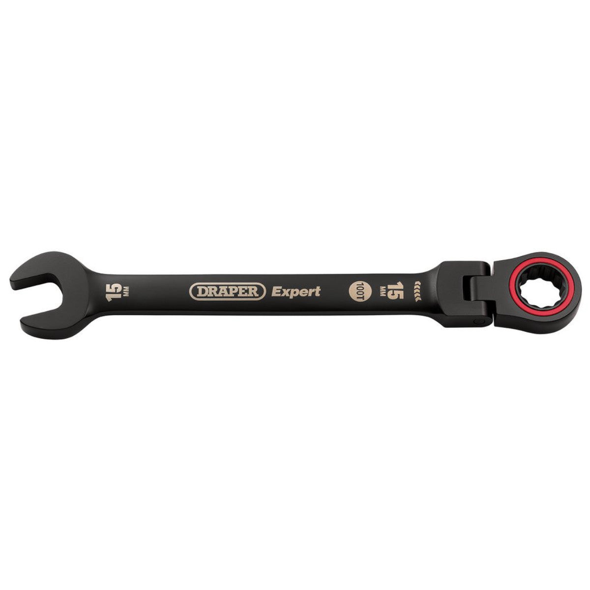 Draper Expert HI-TORQ Metric Flexible Head Ratchet Combination Spanner, 15mm, Black 03922