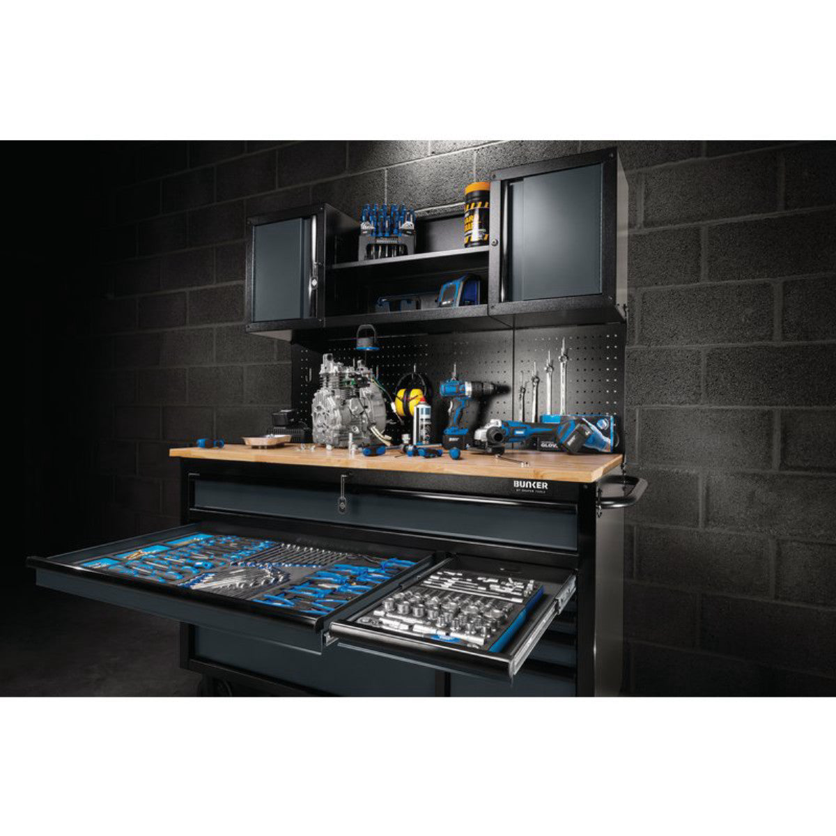 Bunker 10 Drawer Roller Workstation with Workbench, 56", Grey 08242