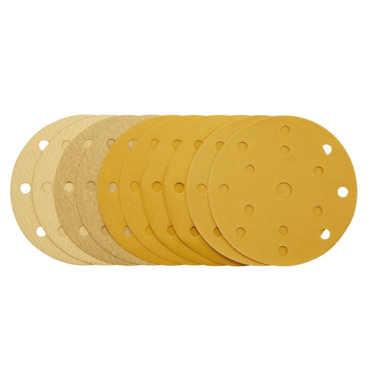 Draper Gold Sanding Discs with Hook & Loop, 150mm, Assorted Grit - 120G, 180G, 240G, 320G, 400G, 15 Dust Extraction Holes (Pack of 10) 08480