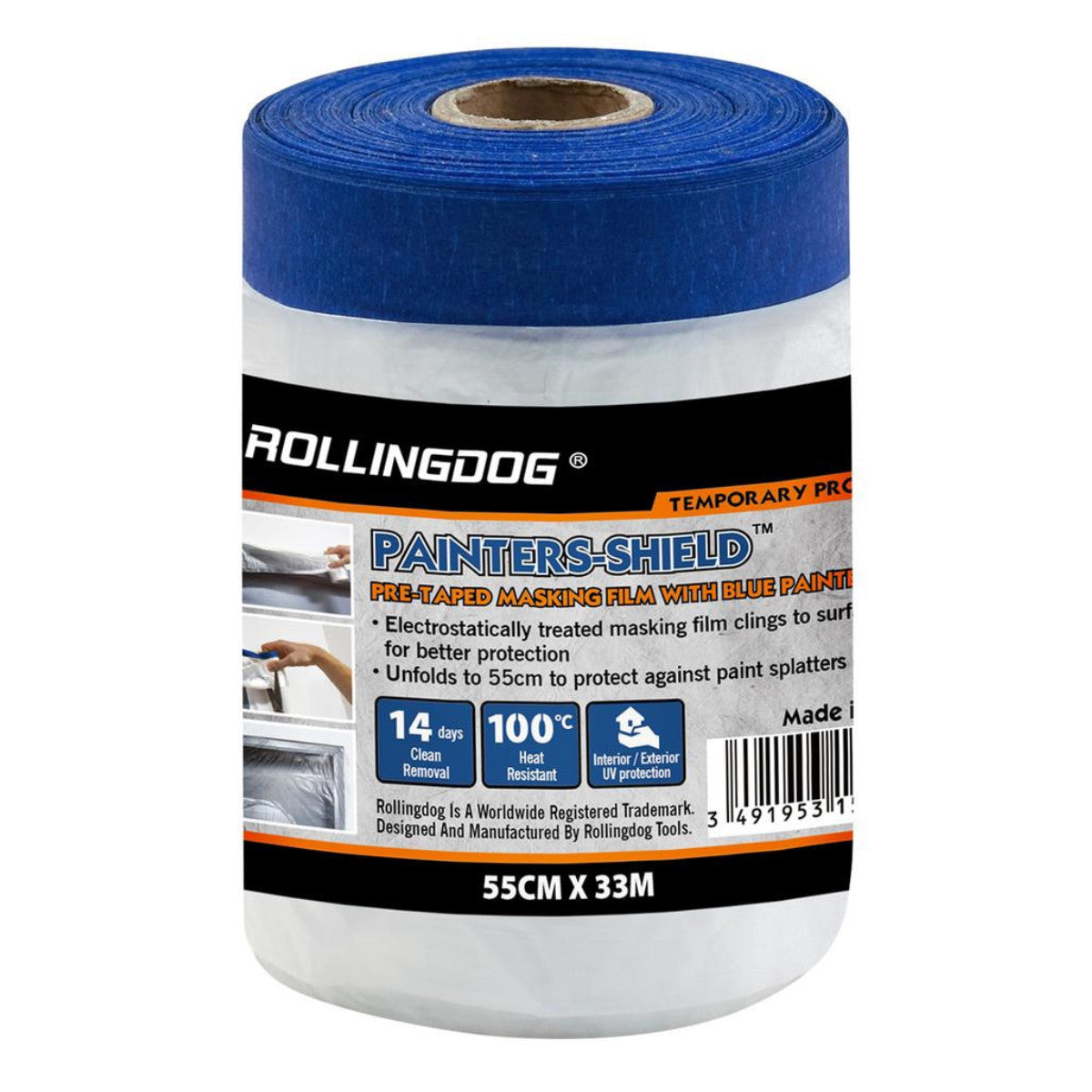 Rollingdog PAINTERS-SHIELD Blue Pretaped Masking Film, 33m x 55cm 09662