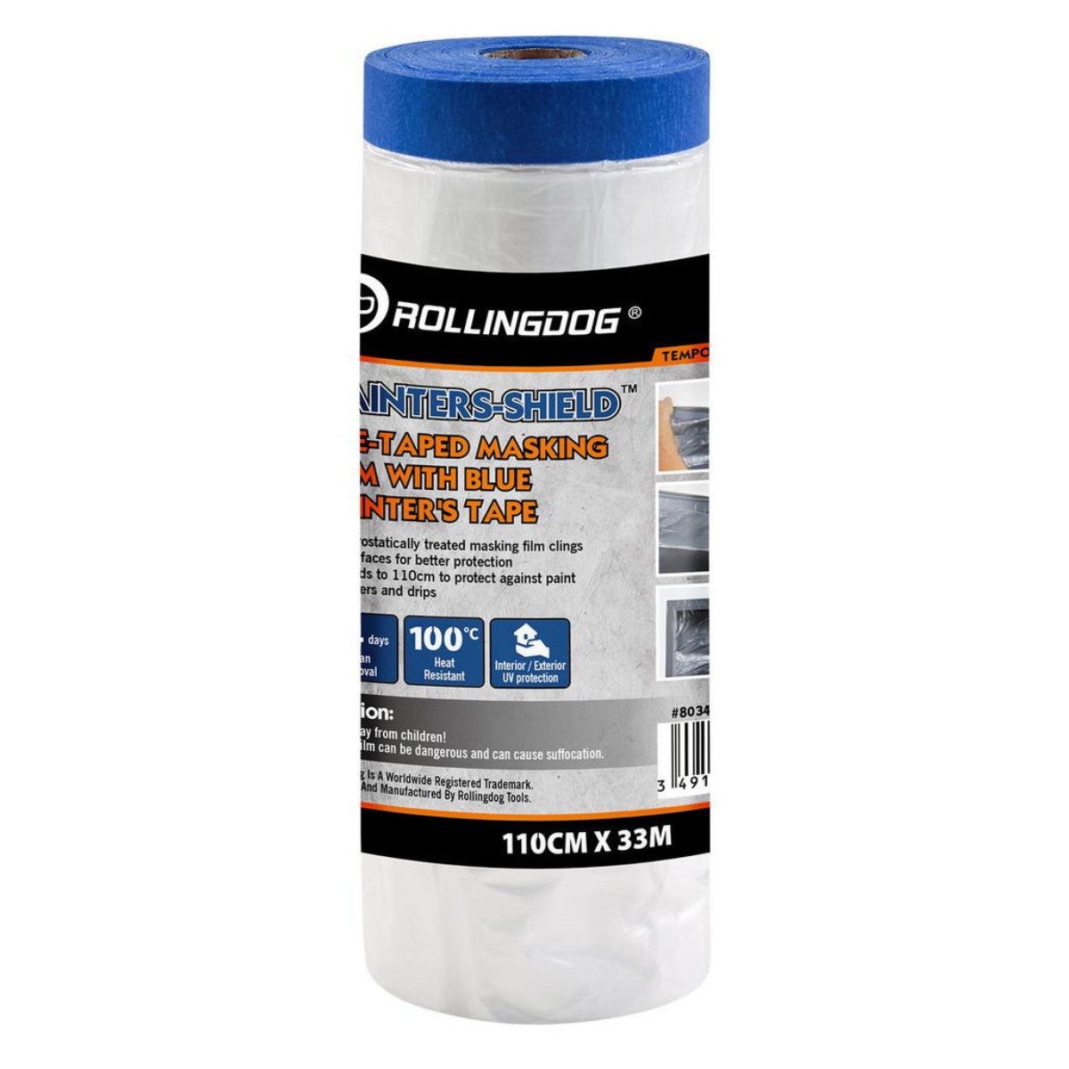 Rollingdog PAINTERS-SHIELD Blue Pretaped Masking Film, 33m x 110cm 09663