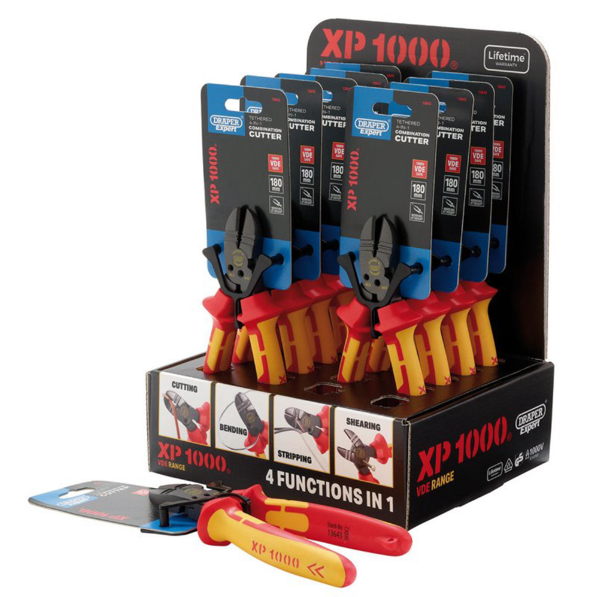 XP1000 Counter Top Display of VDE 180mm 4-in-1 Tethered Combination Cutters (10 Piece) 13616