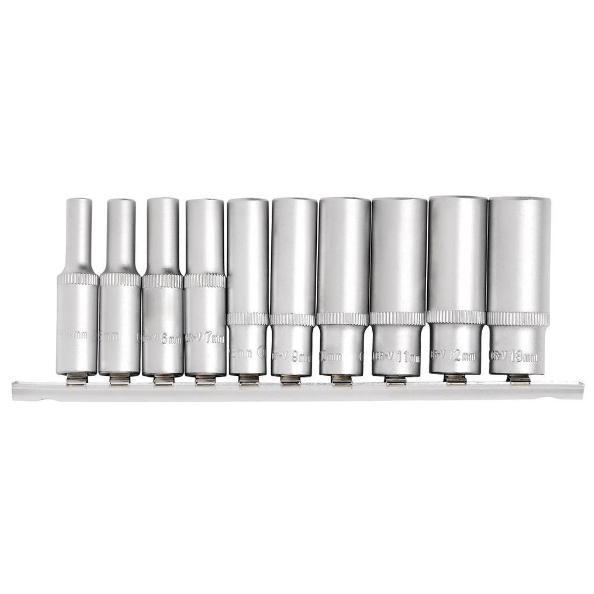Draper Metric Deep Socket on Metal Rail, 1/4" Sq. Dr. (10 Piece) 16399