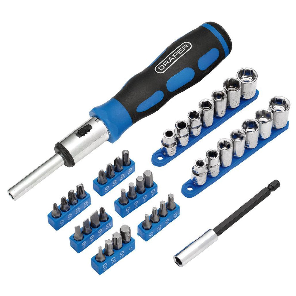 Draper Ratchet Screwdriver Socket and Bit Set, 1/4" Sq. Dr. (40 Piece) 21010