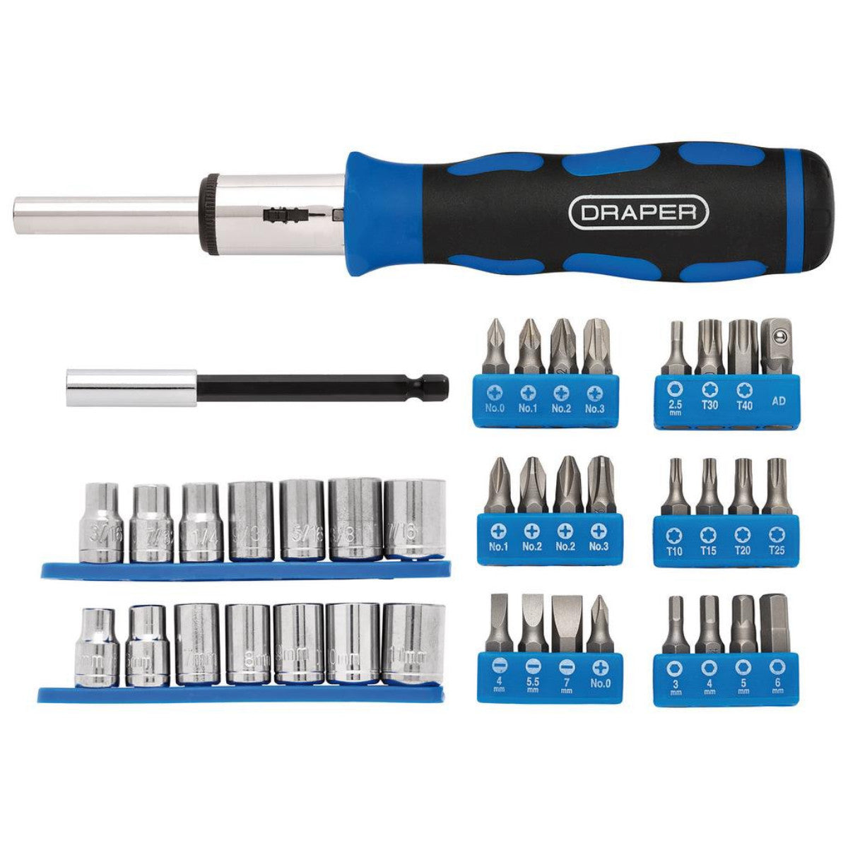 Draper Ratchet Screwdriver Socket and Bit Set, 1/4" Sq. Dr. (40 Piece) 21010