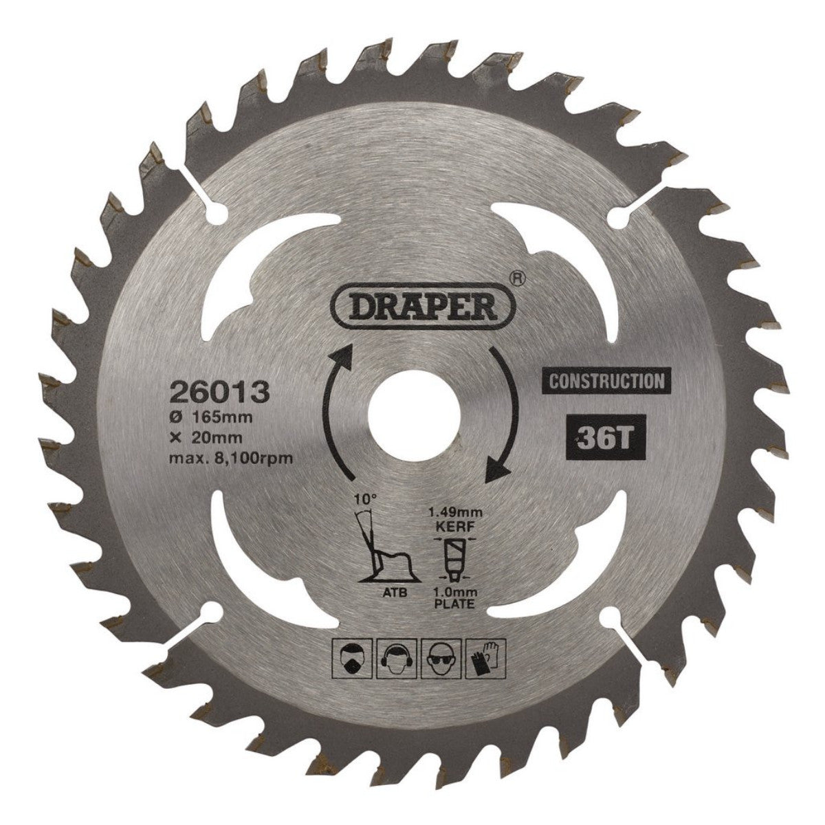 Draper TCT Cordless Construction Circular Saw Blade for Wood & Composites, 165 x 20mm, 36T 26013