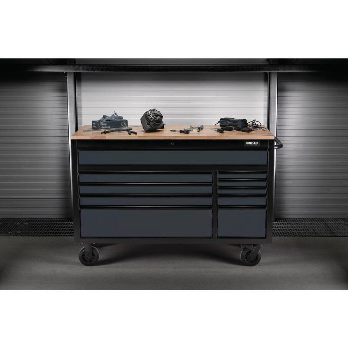 Bunker 10 Drawer Workbench Roller Tool Cabinet, 56", Grey 27220