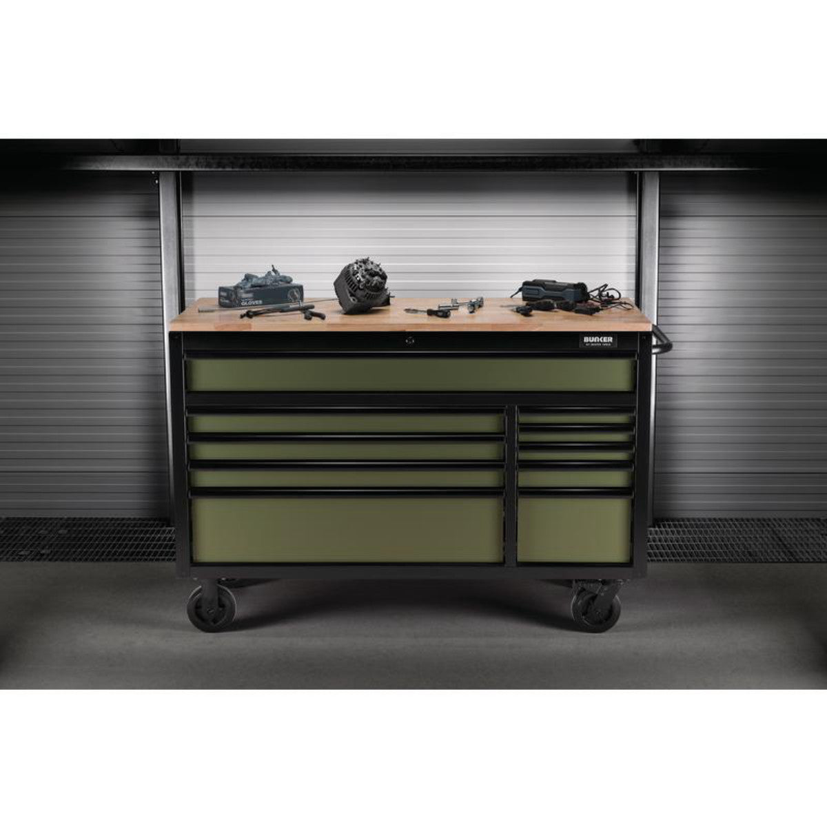 Bunker 10 Drawer Workbench Roller Tool Cabinet, 56", Green 27221