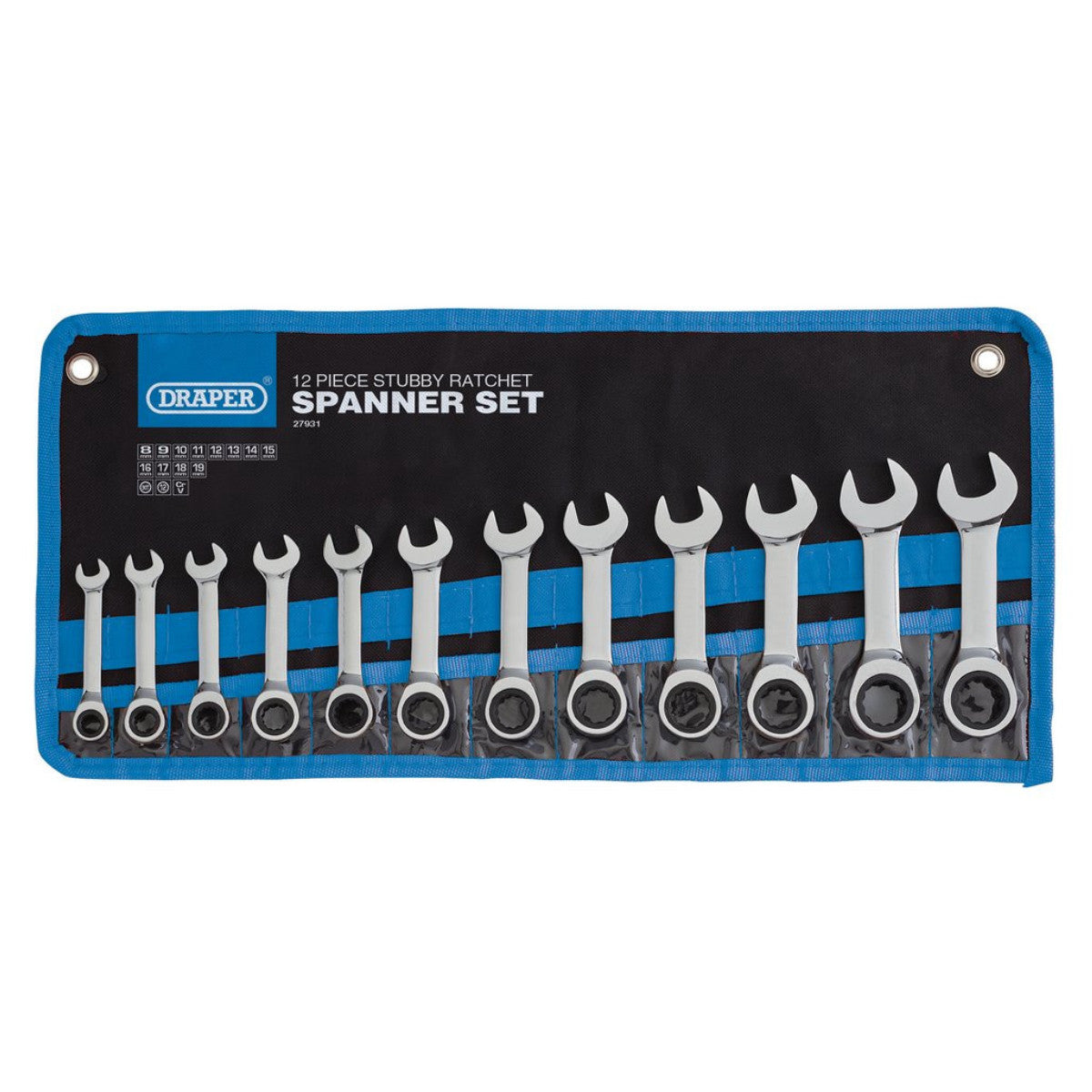 Draper HI-TORQ Metric Stubby Ratchet Combination Spanner Set, 8 - 19mm (12 Piece) 27931