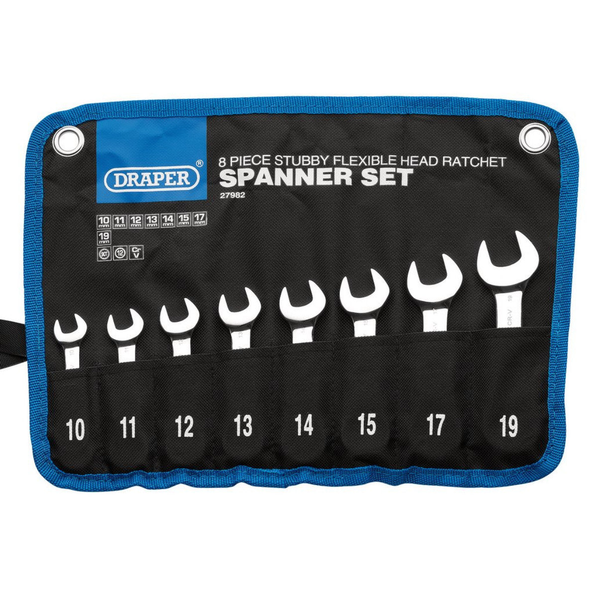 Draper HI-TORQ Metric Stubby Flexible Head Ratchet Combination Spanner Set, 10 - 19mm (8 Piece) 27982