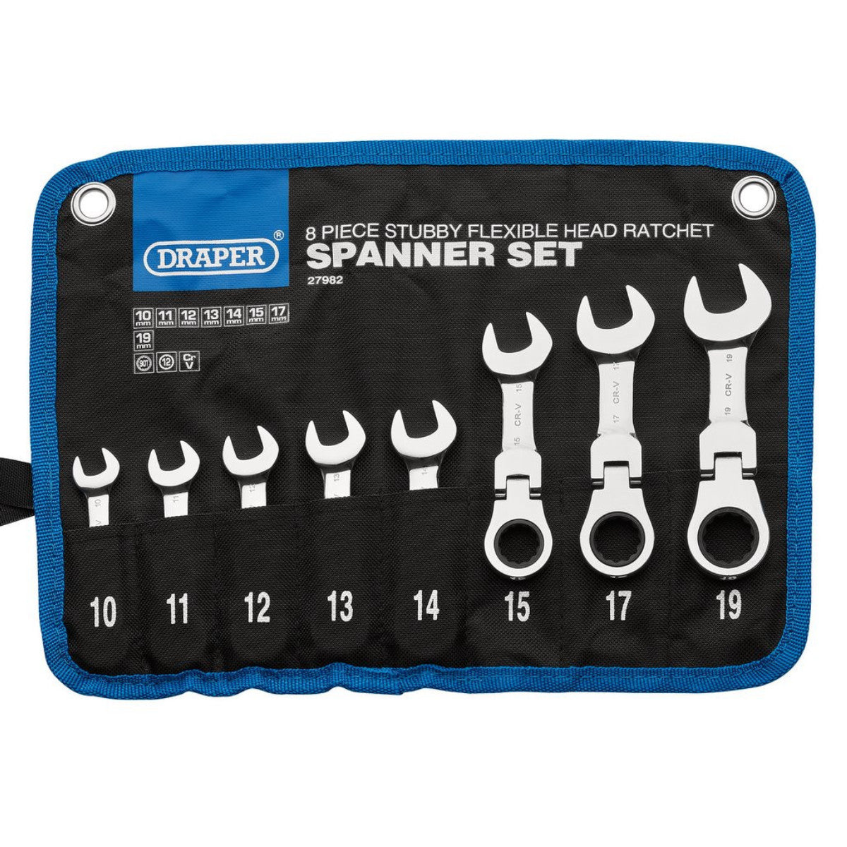 Draper HI-TORQ Metric Stubby Flexible Head Ratchet Combination Spanner Set, 10 - 19mm (8 Piece) 27982