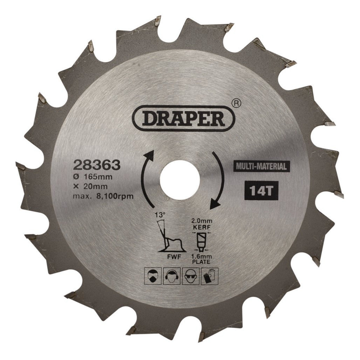 Draper TCT Multi-Purpose Circular Saw Blade, 165 x 20mm, 14T 28363