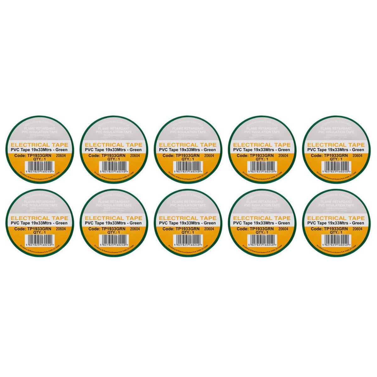 Draper Green PVC Electrical Insulation Tape, 19mm x 33m (Pack of 10) 29499