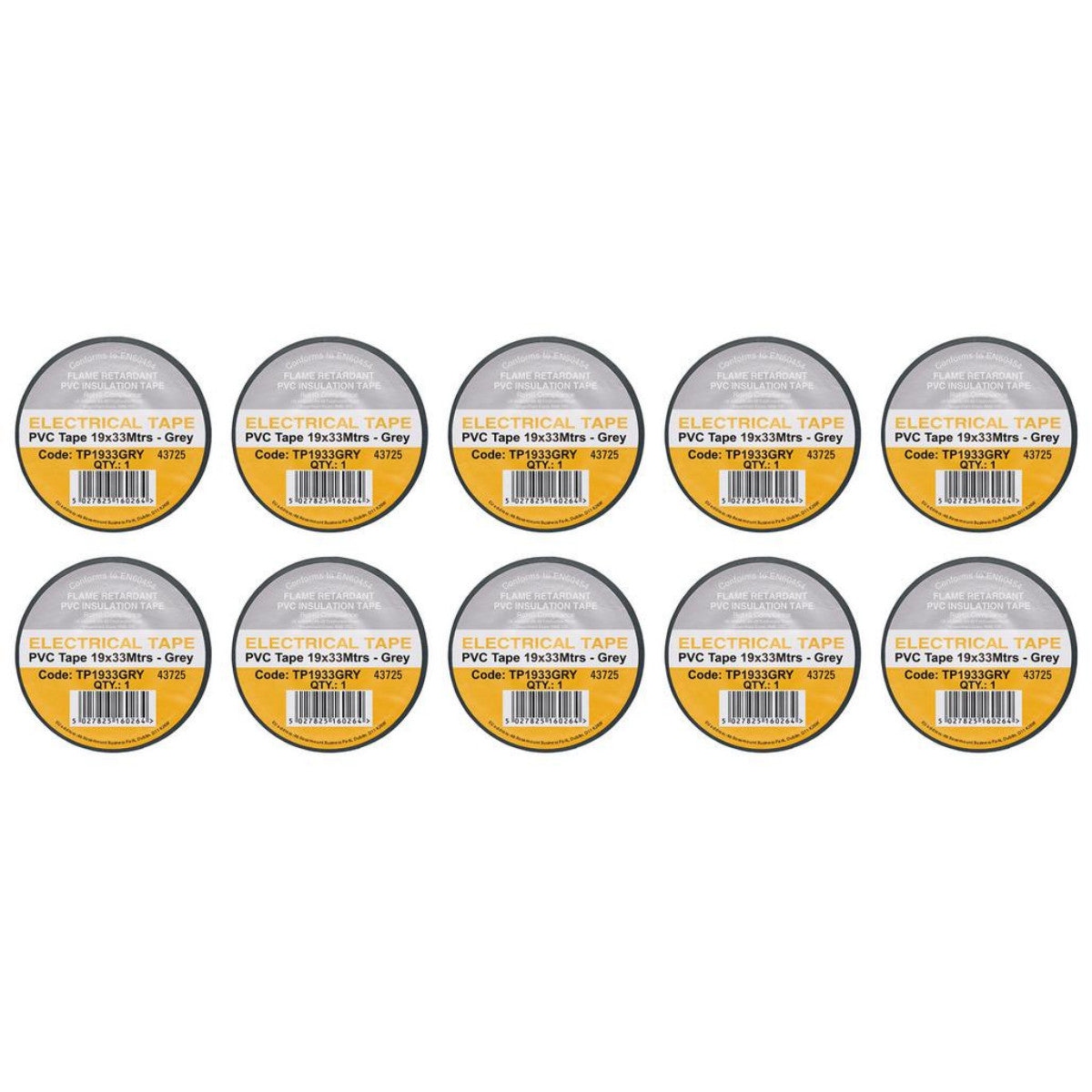 Draper Grey PVC Electrical Insulation Tape, 19mm x 33m (Pack of 10) 29500
