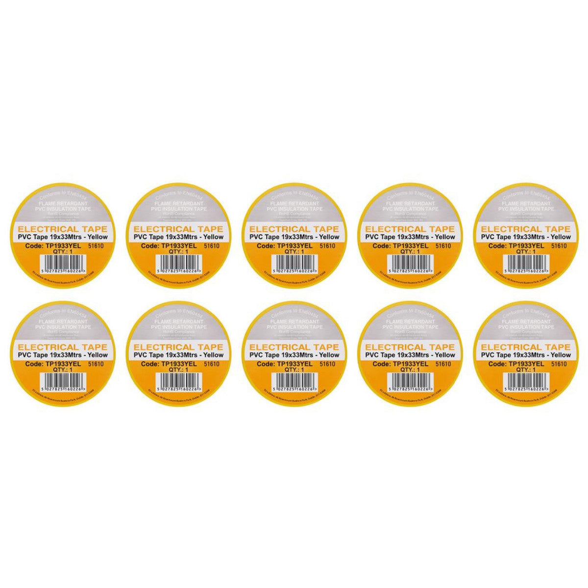 Draper Yellow PVC Electrical Insulation Tape, 19mm x 33m (Pack of 10) 29502