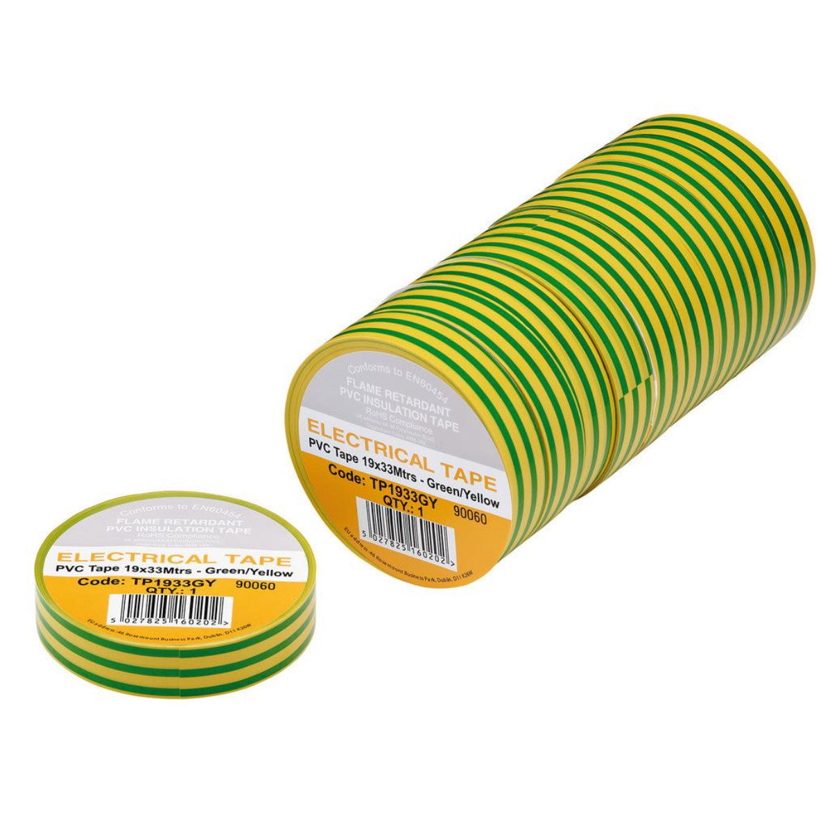 Draper Green/Yellow PVC Electrical Insulation Tape, 19mm x 33m (Pack of 10) 29504