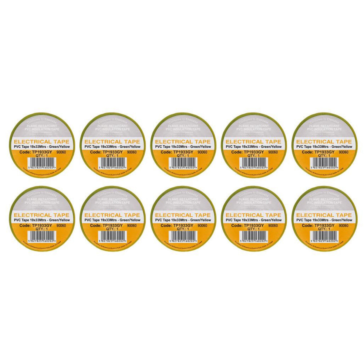 Draper Green/Yellow PVC Electrical Insulation Tape, 19mm x 33m (Pack of 10) 29504