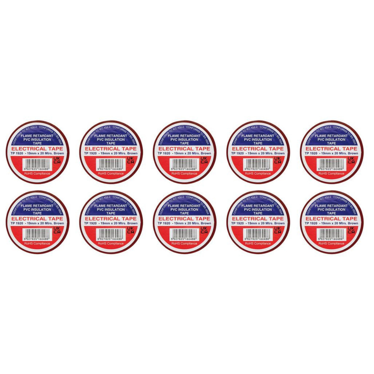Draper Brown PVC Electrical Insulation Tape, 19mm x 20m (Pack of 10) 29507