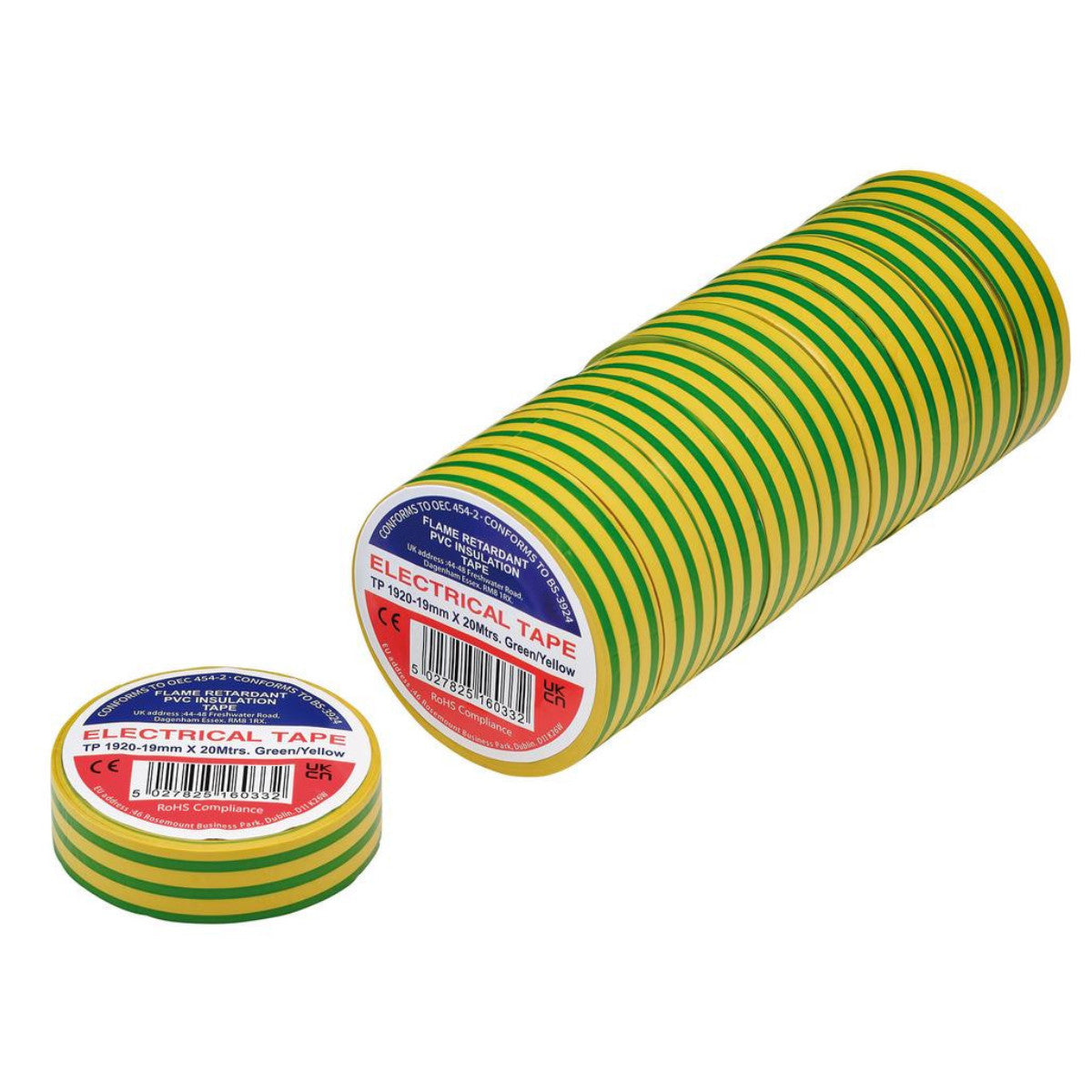 Draper Green/Yellow PVC Electrical Insulation Tape, 19mm x 20m (Pack of 10) 29533