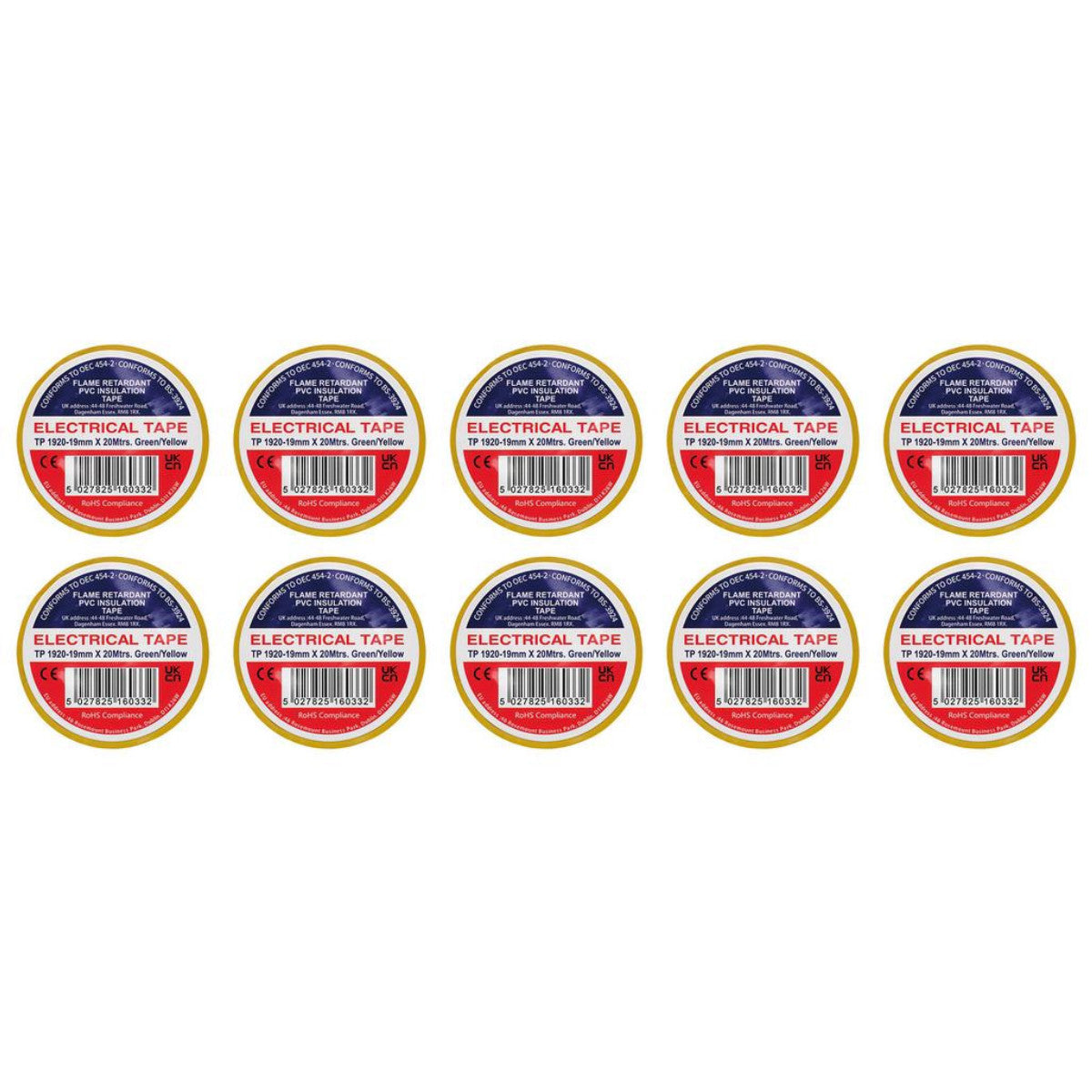 Draper Green/Yellow PVC Electrical Insulation Tape, 19mm x 20m (Pack of 10) 29533