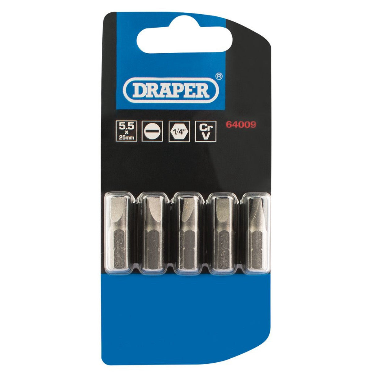 Draper Plain Slot Insert Bit, 5.5mm, 1/4" Hex, 25mm Long (Pack of 5) 64009