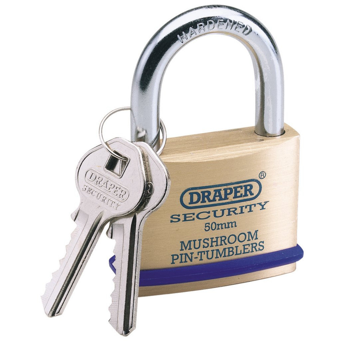 Draper Solid Brass Padlock and 2 Keys with Mushroom Pin Tumblers Hardened Steel Shackle and Bumper, 50mm 64162