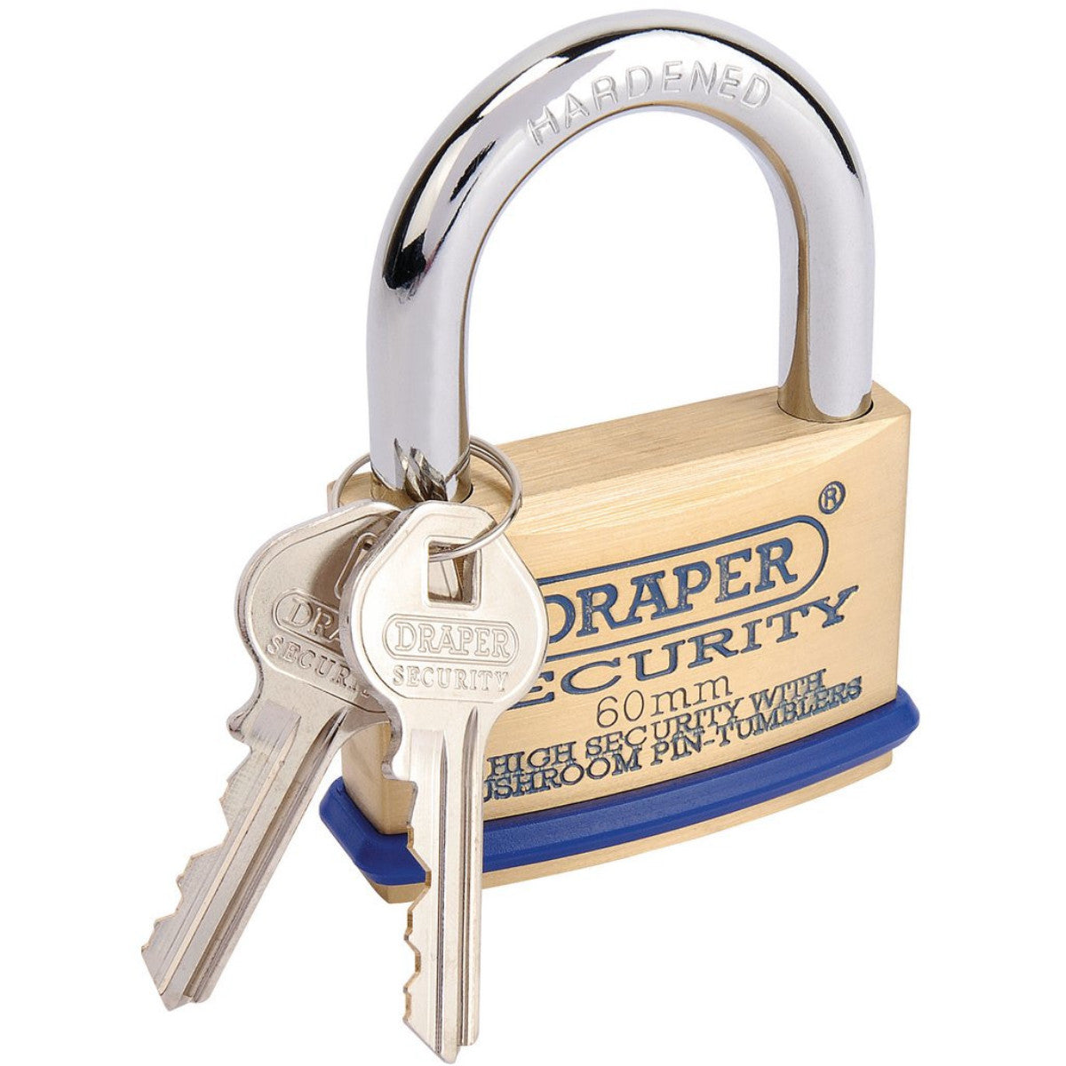 Draper Solid Brass Padlock and 2 Keys with Mushroom Pin Tumblers Hardened Steel Shackle and Bumper, 60mm 64163