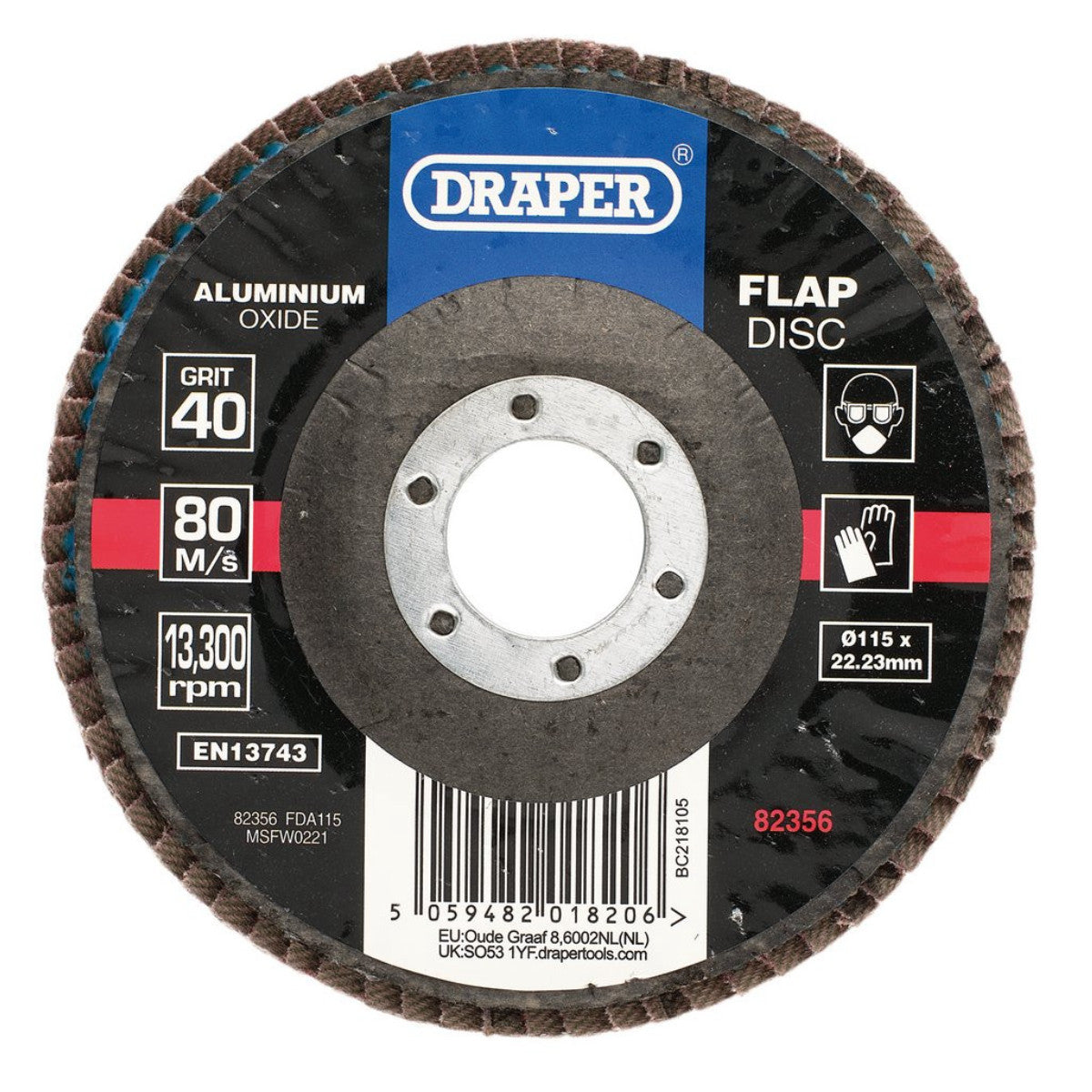 Draper Aluminium Oxide Flap Disc, 115 x 22.23mm, 40 Grit 82356