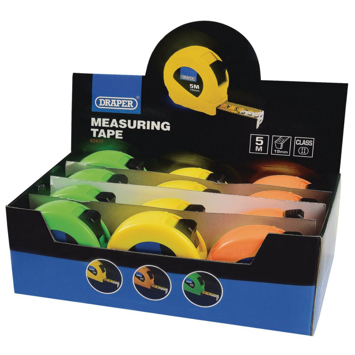 Draper Measuring Tapes, 5m/16ft x 19mm, 3 Colours (Dispenser of 12) 82437