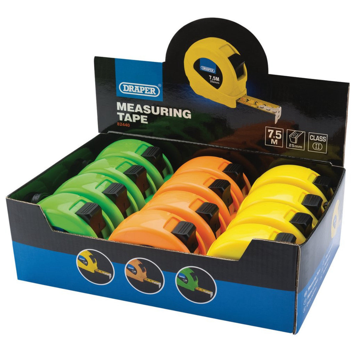 Draper Measuring Tapes, 7.5m/25ft x 25mm, 3 Colours (Dispenser of 12) 82440